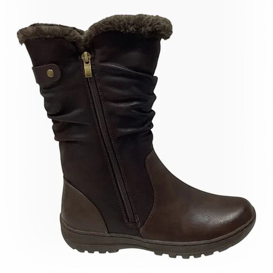 The Shoe Shop Goose mid-calf winter boots in dark brown with faux fur lining, side zipper, and non-slip grip sole.