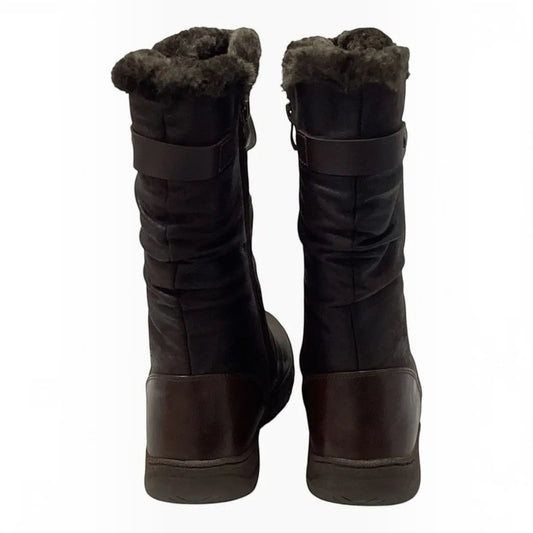 The Shoe Shop Goose mid-calf winter boots in dark brown with faux fur lining and non-slip grip soles, back view.