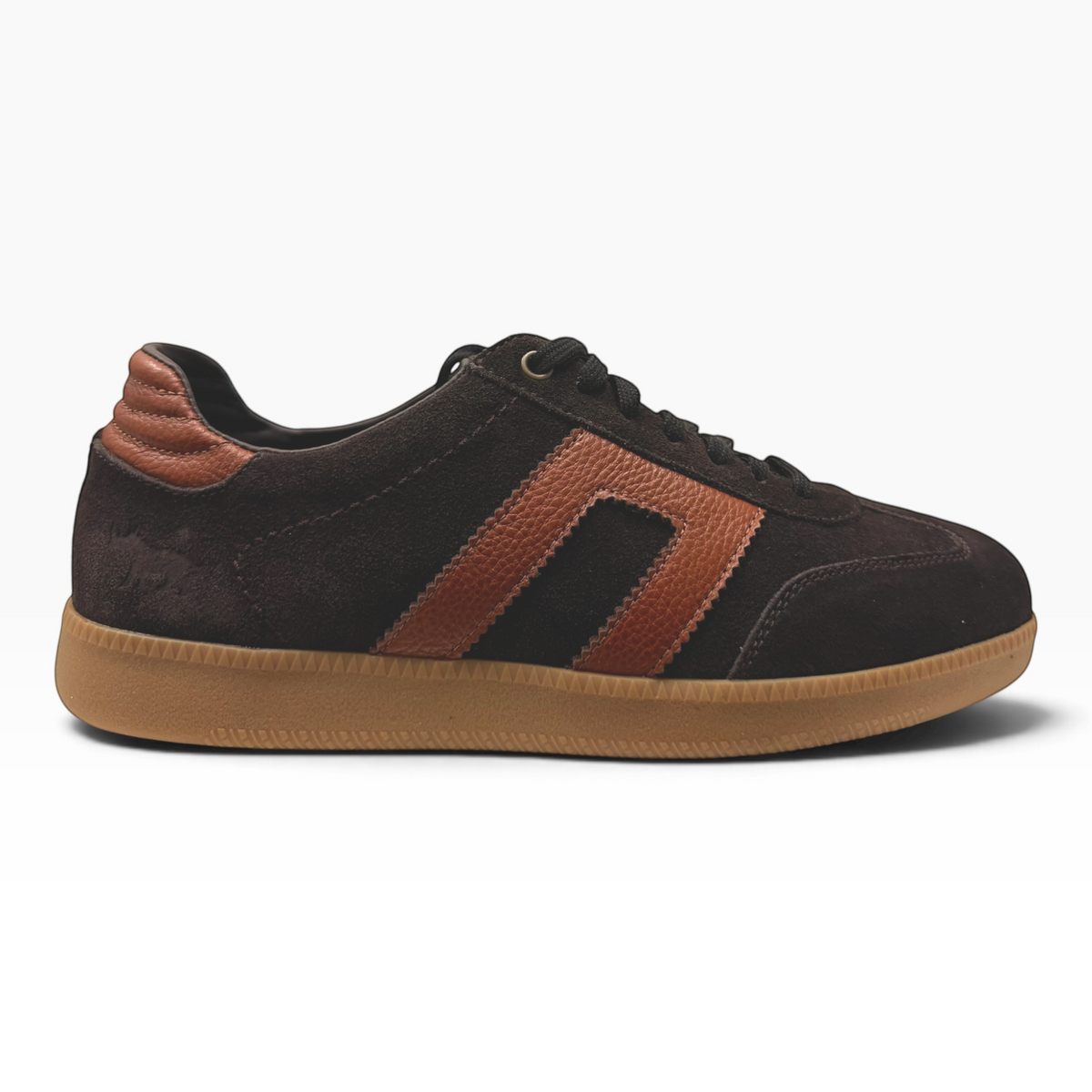 The Shoe Shop Gordon low-top sneaker in dark brown suede with brown leather trim and a gum rubber sole.