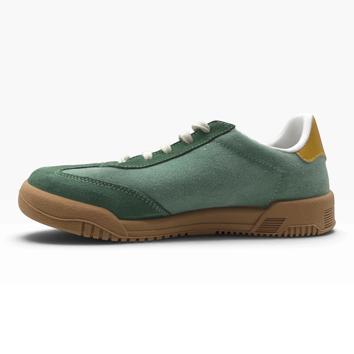 The Shoe Shop P35015 Pluma Flex green canvas sneaker with suede accents and a gum rubber sole, side view.