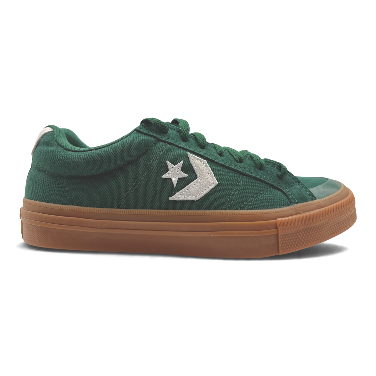 The Shoe Shop Converse green canvas low-top sneaker with gum rubber outsole and white Star Chevron side branding.