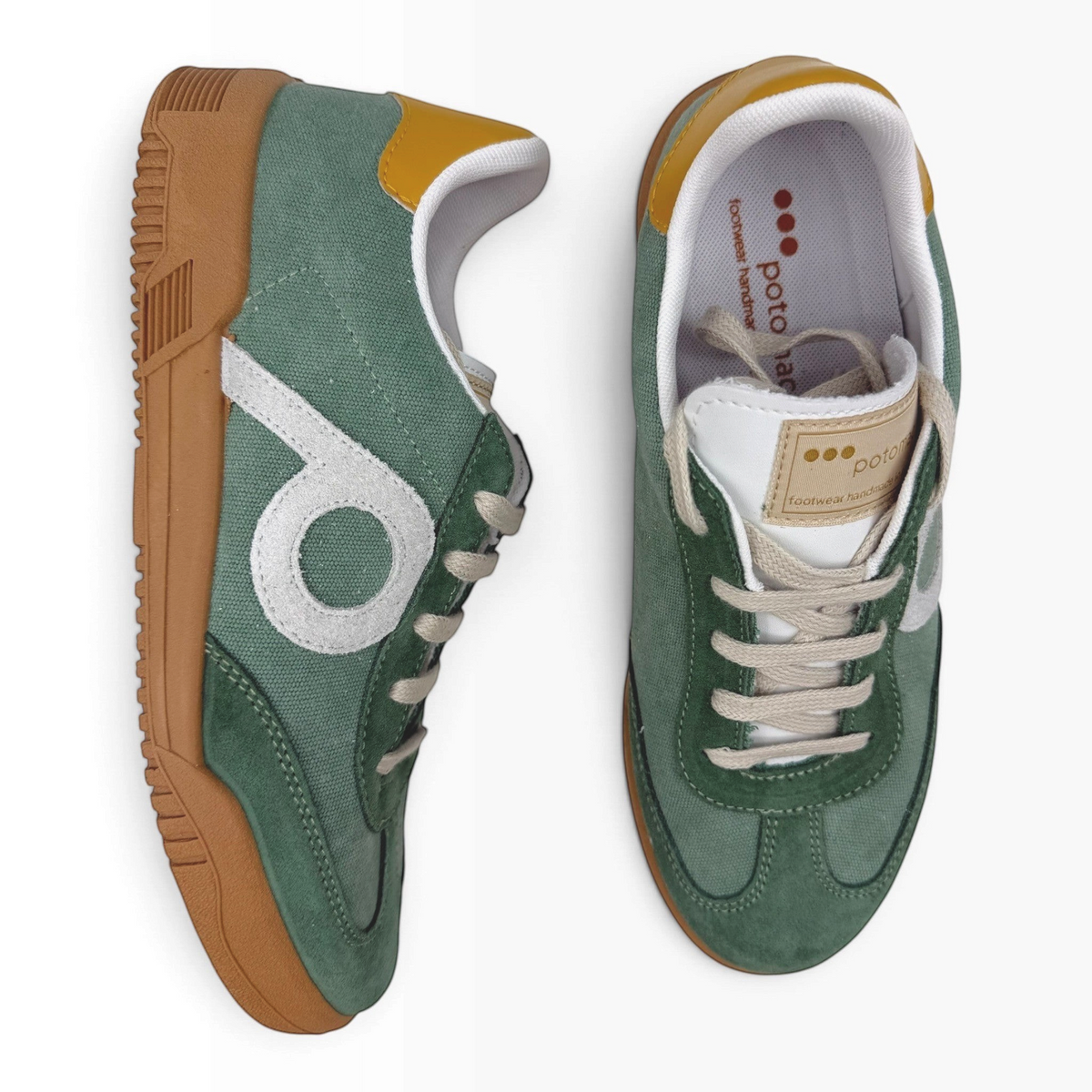 The Shoe Shop P35015 Pluma Flex sneakers in green canvas with suede accents, white logo, and gum rubber soles.