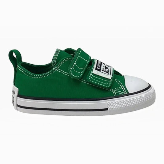 The Shoe Shop green canvas Chuck Taylor All Star toddler sneakers with oversized straps and white rubber toe cap