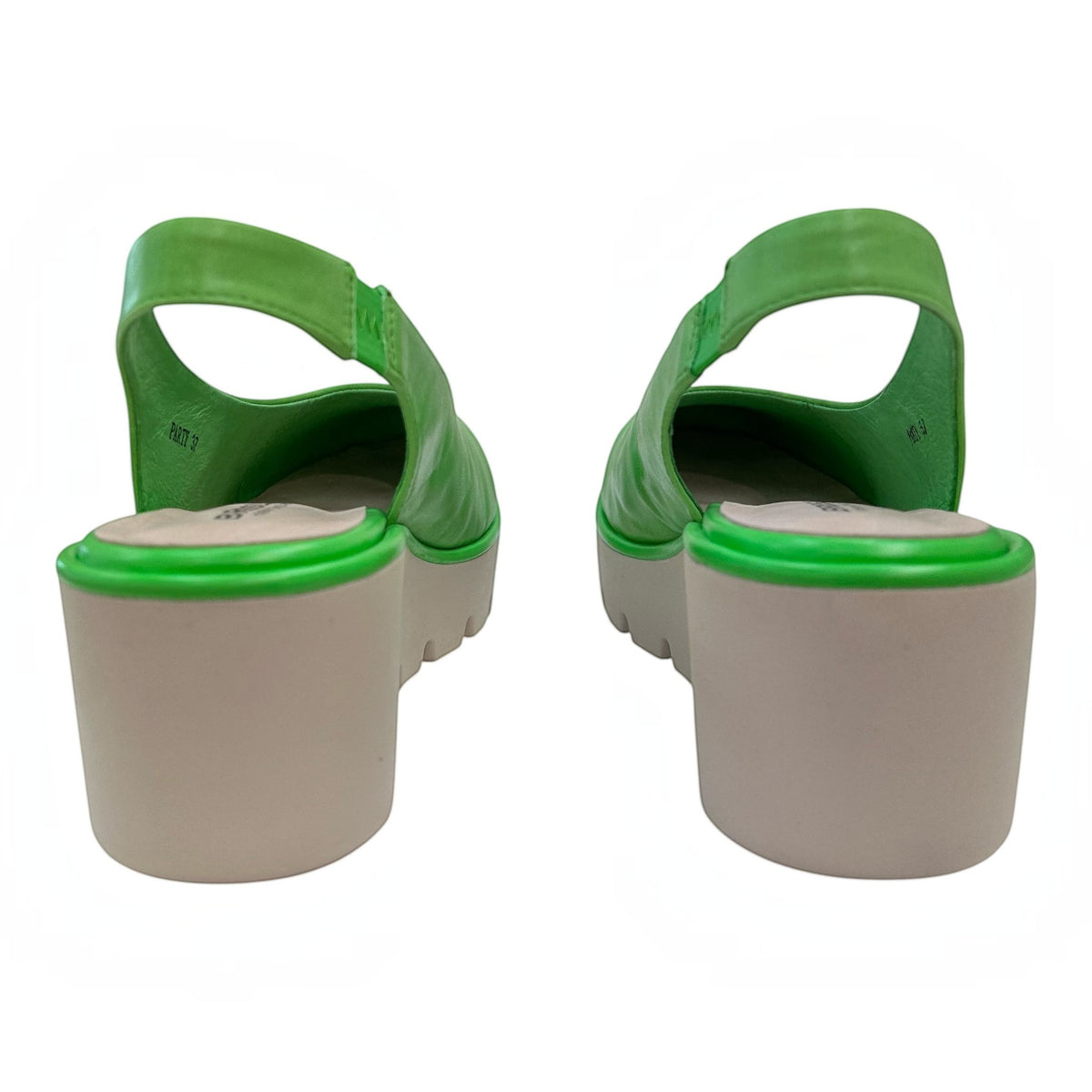The Shoe Shop Party green leather slingback wedge sandals with a beige rubber sole, shown from the back view.