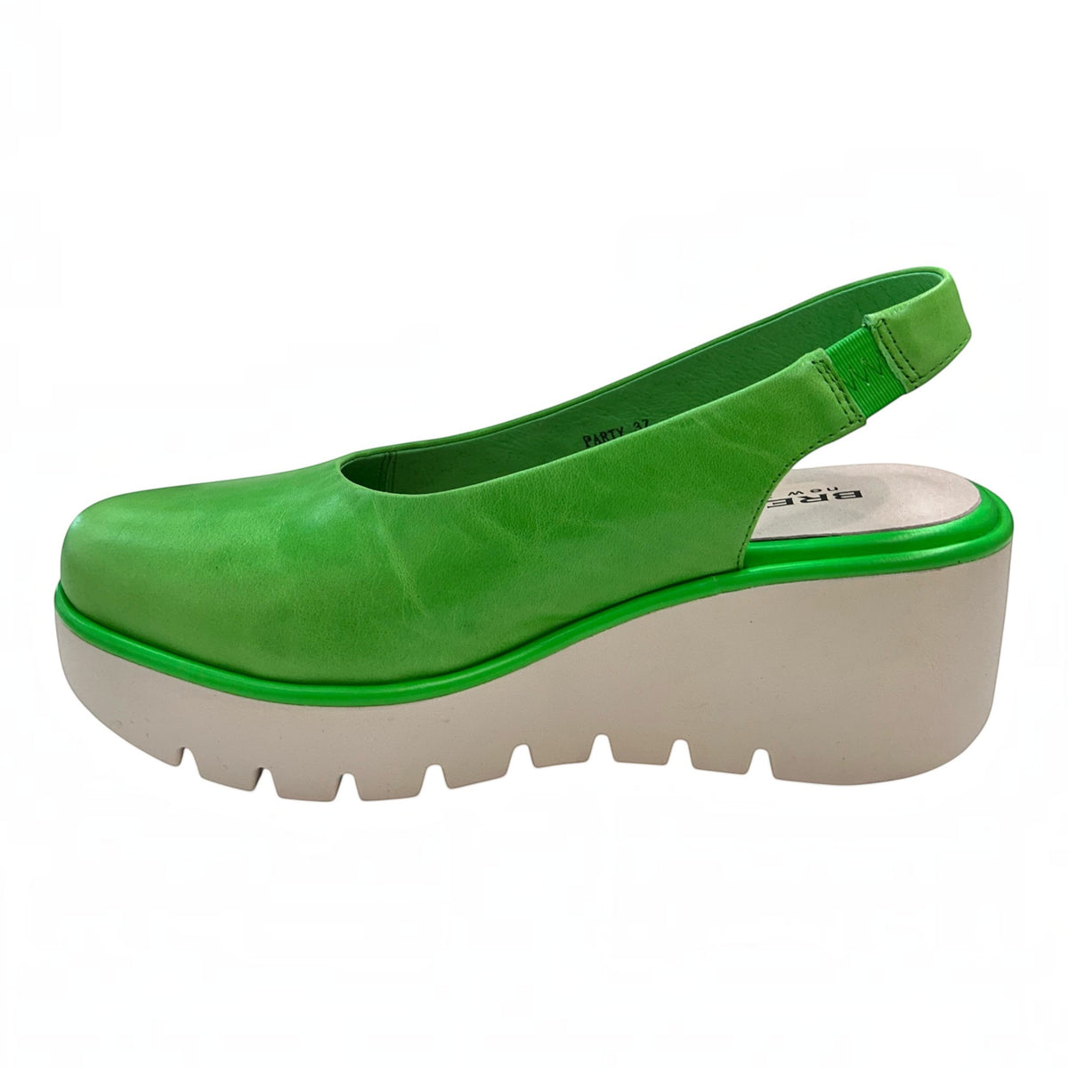 The Shoe Shop Party wedge slingback in vibrant green leather with a chunky beige rubber platform sole