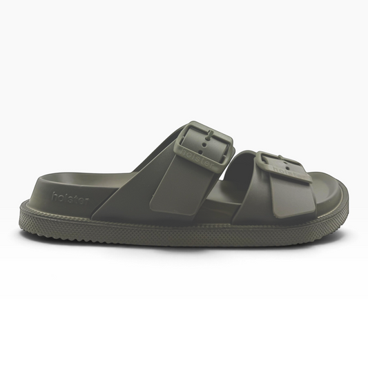 The Shoe Shop Soleseeker green slide sandal with adjustable buckle straps and a cushioned, water-friendly footbed.