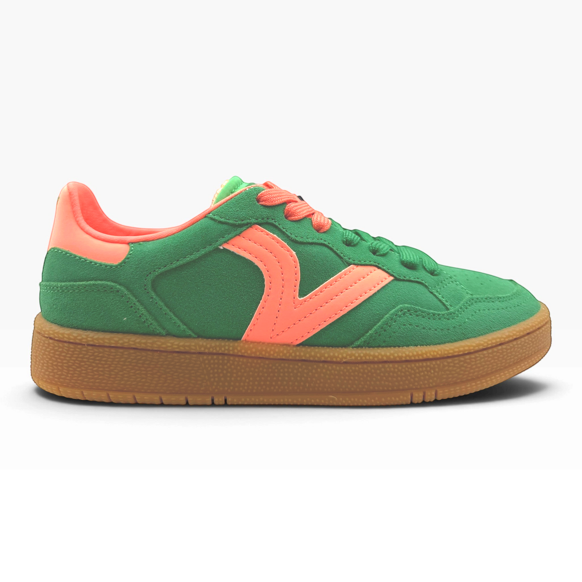The Shoe Shop Smash Sneaker in green suede with coral accents, perforated toe, and a classic gum rubber sole.