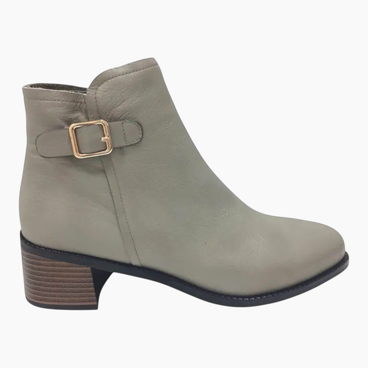 The Shoe Shop Belle Scarpe Rayna grey leather ankle boot with side buckle and low stacked block heel