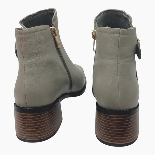 The Shoe Shop Belle Scarpe Rayna grey leather ankle boots with side buckle and stacked block heel, rear view