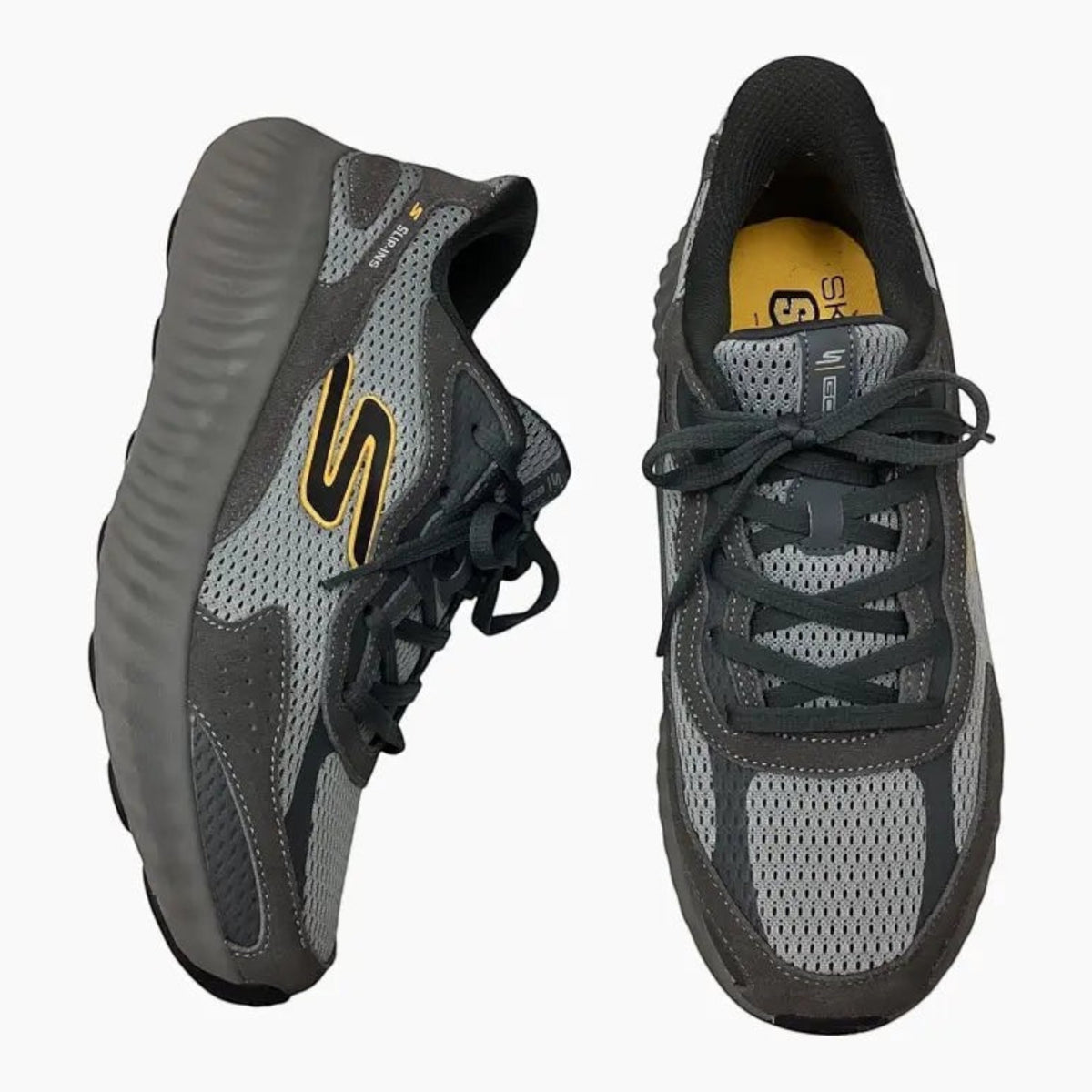 The Shoe Shop Skechers Go Run Now Harbor grey mesh sneakers with yellow logo detail and slip-in design