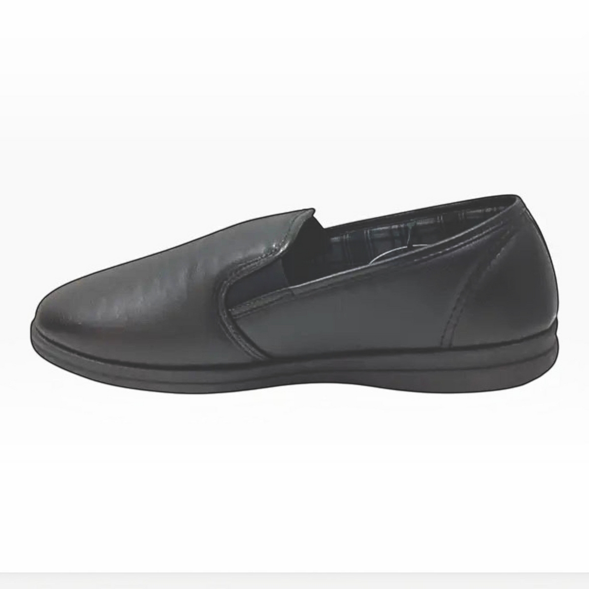 The Shoe Shop Grosby Sterling black faux leather slip-on slipper with elasticated gussets and a low-profile sole.