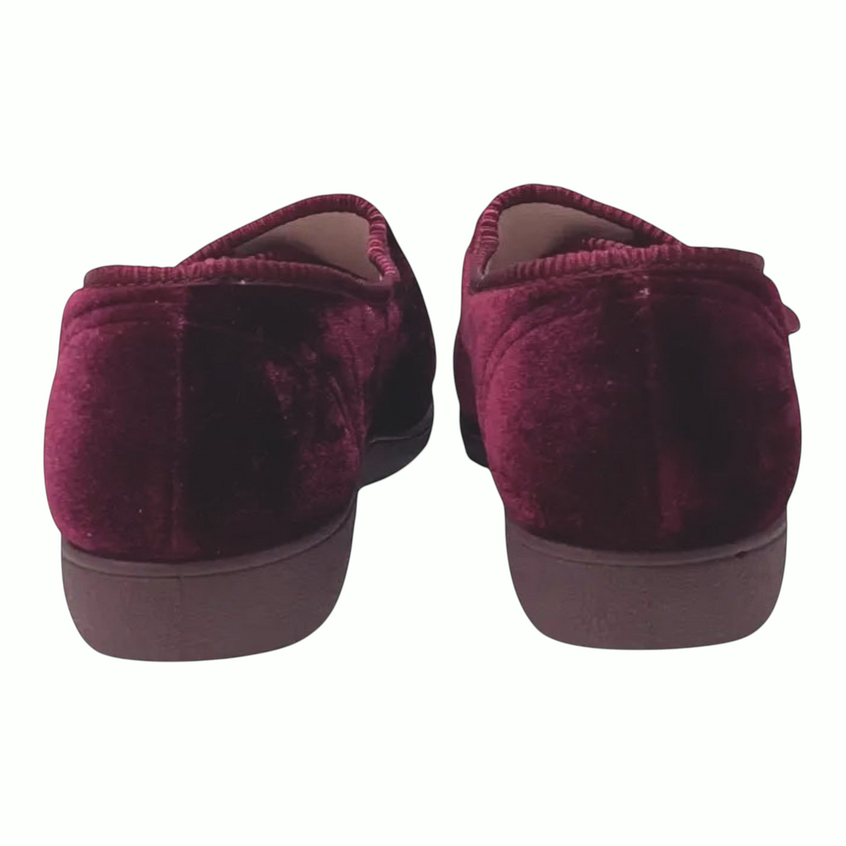 The Shoe Shop Grosby Lilian velvet slippers in deep burgundy with tonal piped trim and a flexible indoor sole.