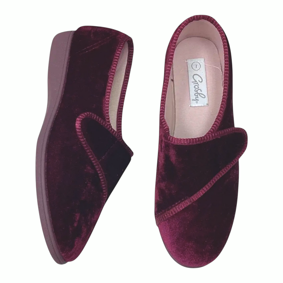 The Shoe Shop Grosby Lillian velvet slippers in deep burgundy with tonal piped trim and a comfortable padded insole.