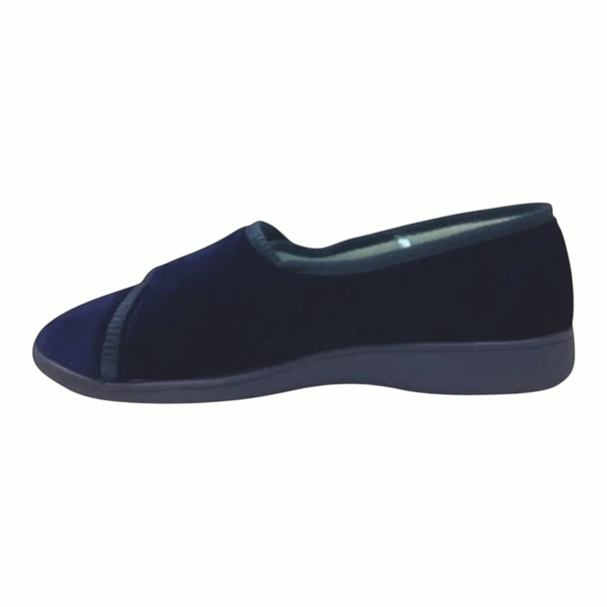 The Shoe Shop Grosby Lillian navy blue velvet indoor slipper with tonal piped trim and a flexible cushioned sole.