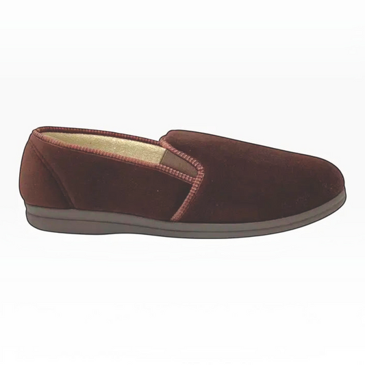 The Shoe Shop Grosby Percy chocolate brown velvet slip-on slipper with cushioned lining and rubber sole.