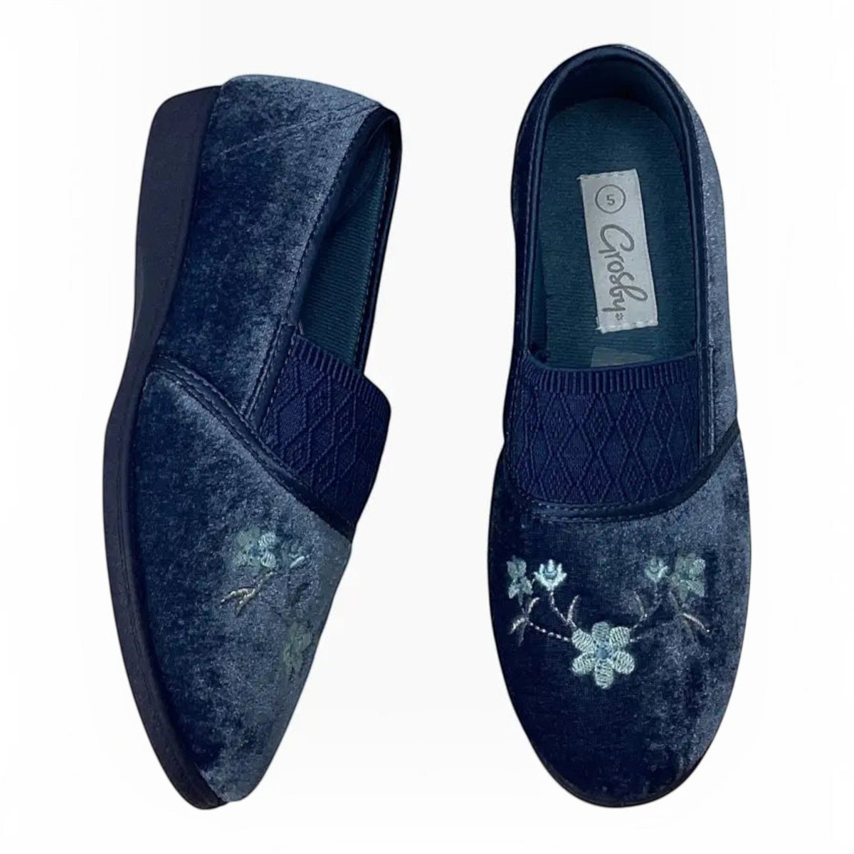 The Shoe Shop Grosby Sasha navy velvet slippers featuring a delicate floral embroidery and a comfortable slip-on design