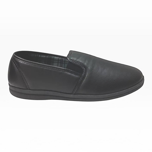 The Shoe Shop Grosby Sterling black faux leather slip-on slipper with elasticated gussets and a low-profile sole.
