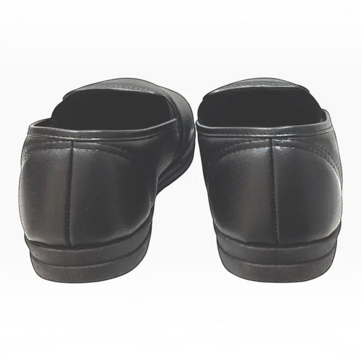 The Shoe Shop Grosby Sterling black faux leather slip-on slippers with a low-profile rubber sole, rear view.