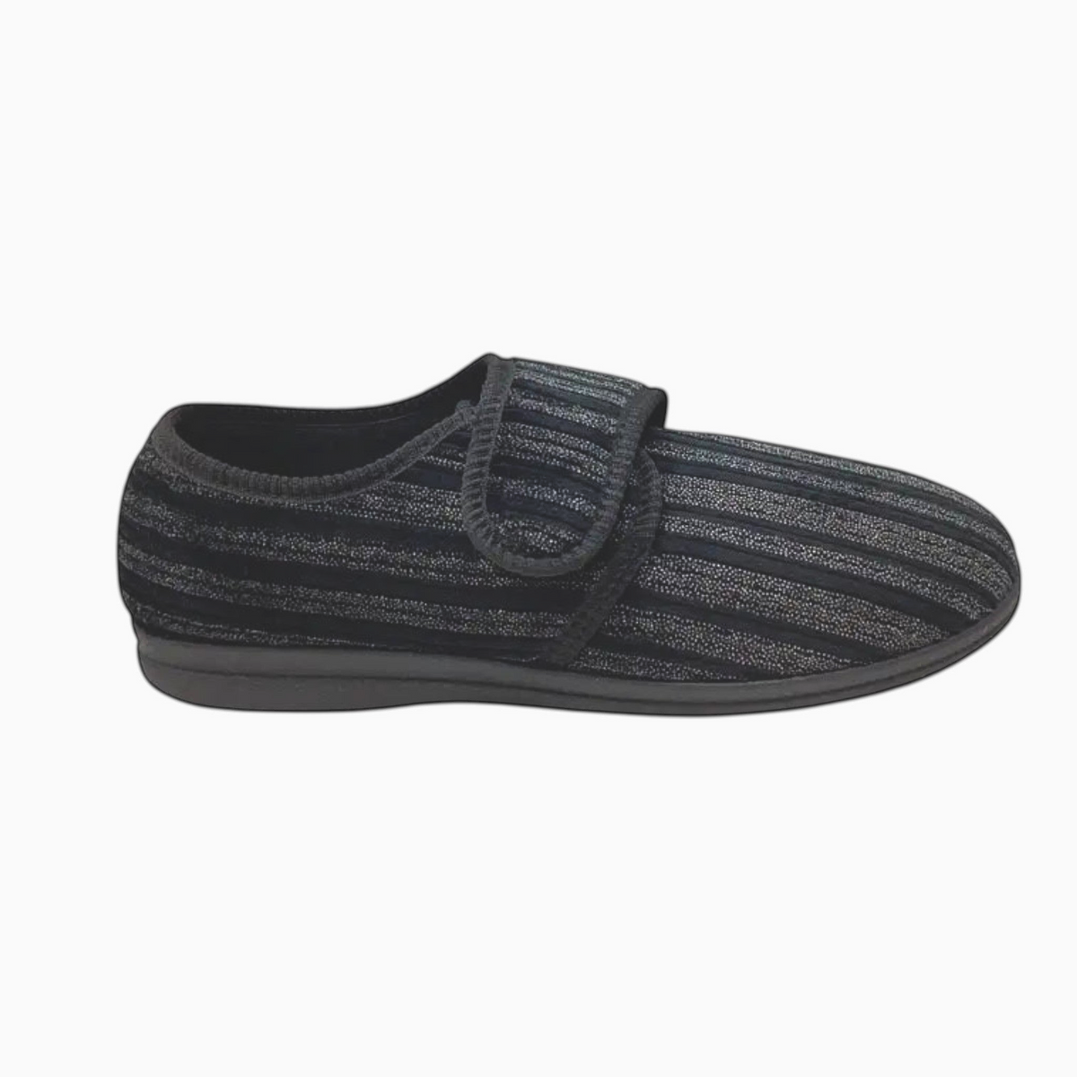 The Shoe Shop Grosby Thurston black striped slipper with adjustable velcro strap and durable rubber outsole