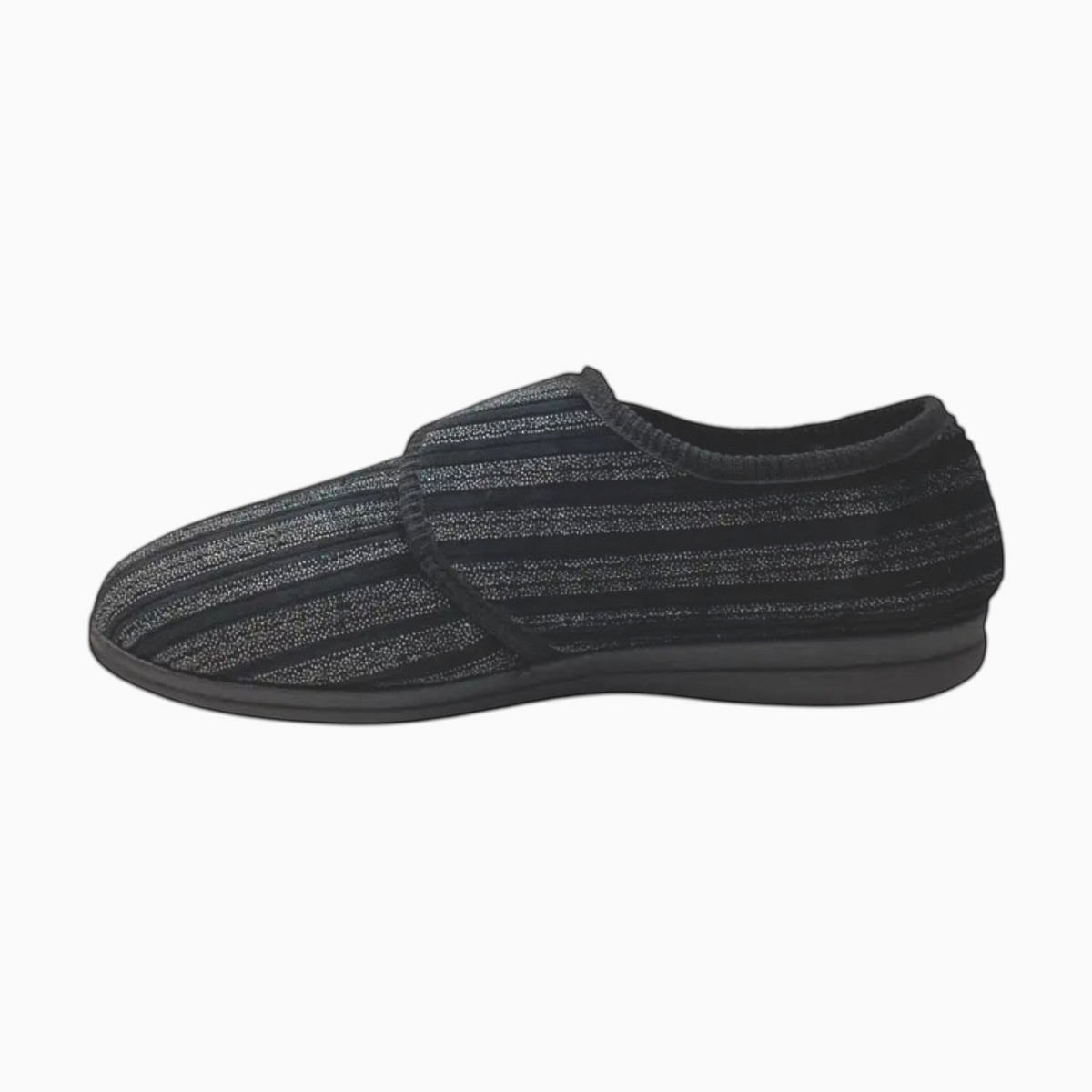 The Shoe Shop Grosby Thurston black striped slipper with adjustable velcro strap and durable rubber outsole