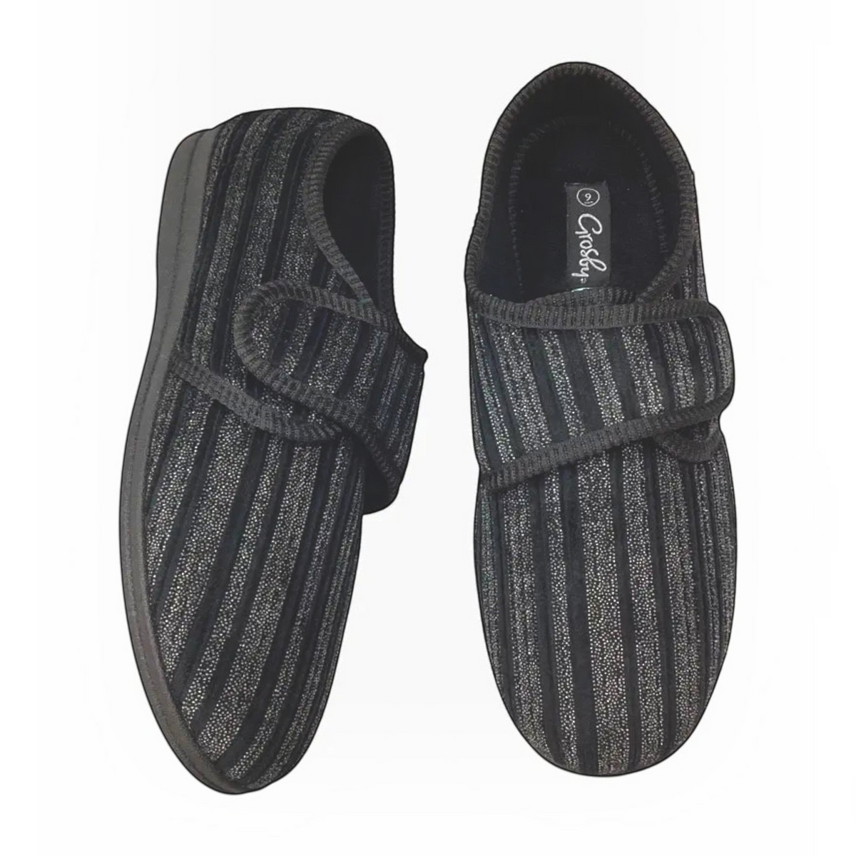 The Shoe Shop Grosby Thurston black striped slippers with adjustable velcro strap and durable rubber outsole