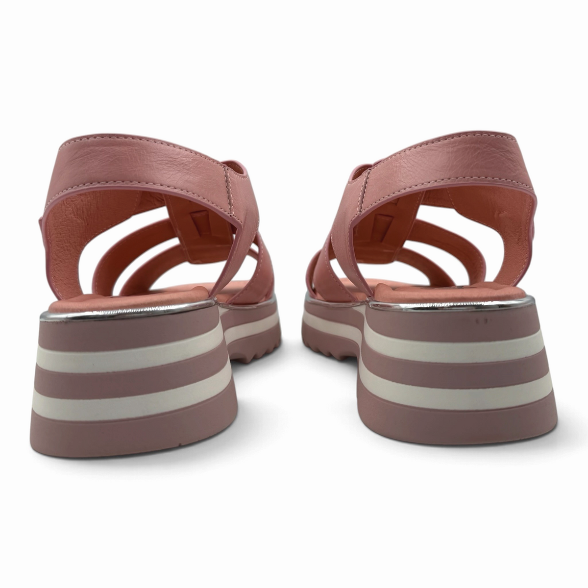 The Shoe Shop Grouper pink leather platform sandals with metallic trim and striped sole, back view.