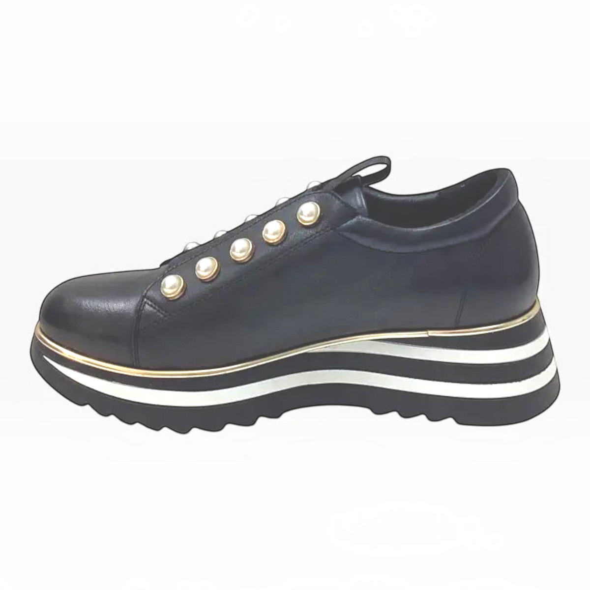 The Shoe Shop Bresley Gyro black leather platform sneaker with pearl-studded strap and striped flatform sole