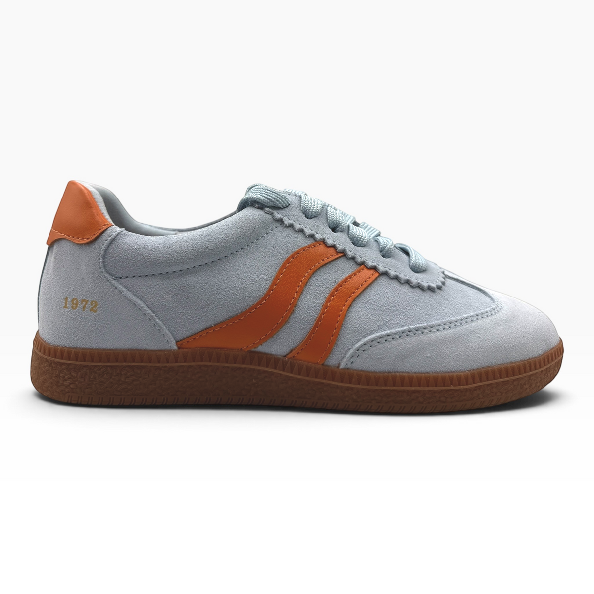 The Shoe Shop Hamptons light blue suede sneaker with tan leather stripes and a gum rubber sole
