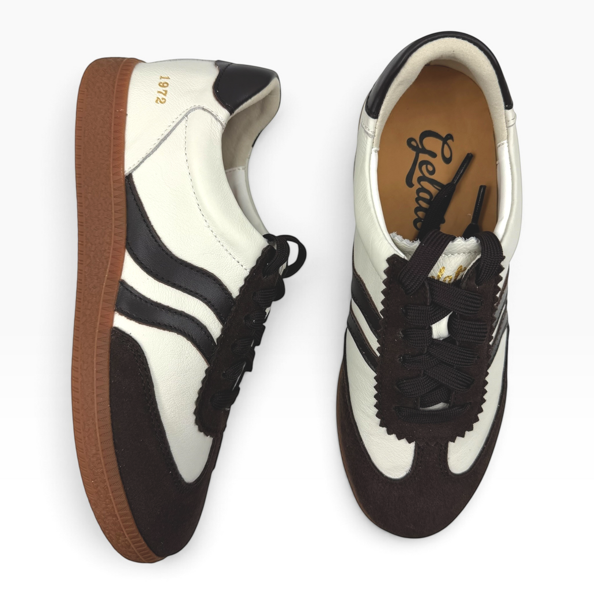 The Shoe Shop Hamptons sneakers in cream leather and dark brown suede with a gum rubber sole and 1972 gold detail.