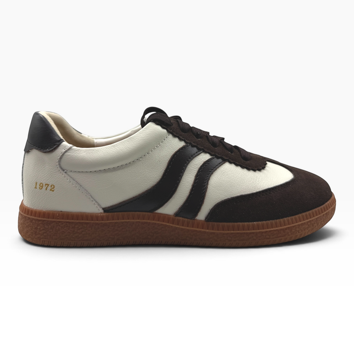The Shoe Shop Hamptons sneakers in white leather and dark brown suede with a gum rubber sole and 1972 gold detail.