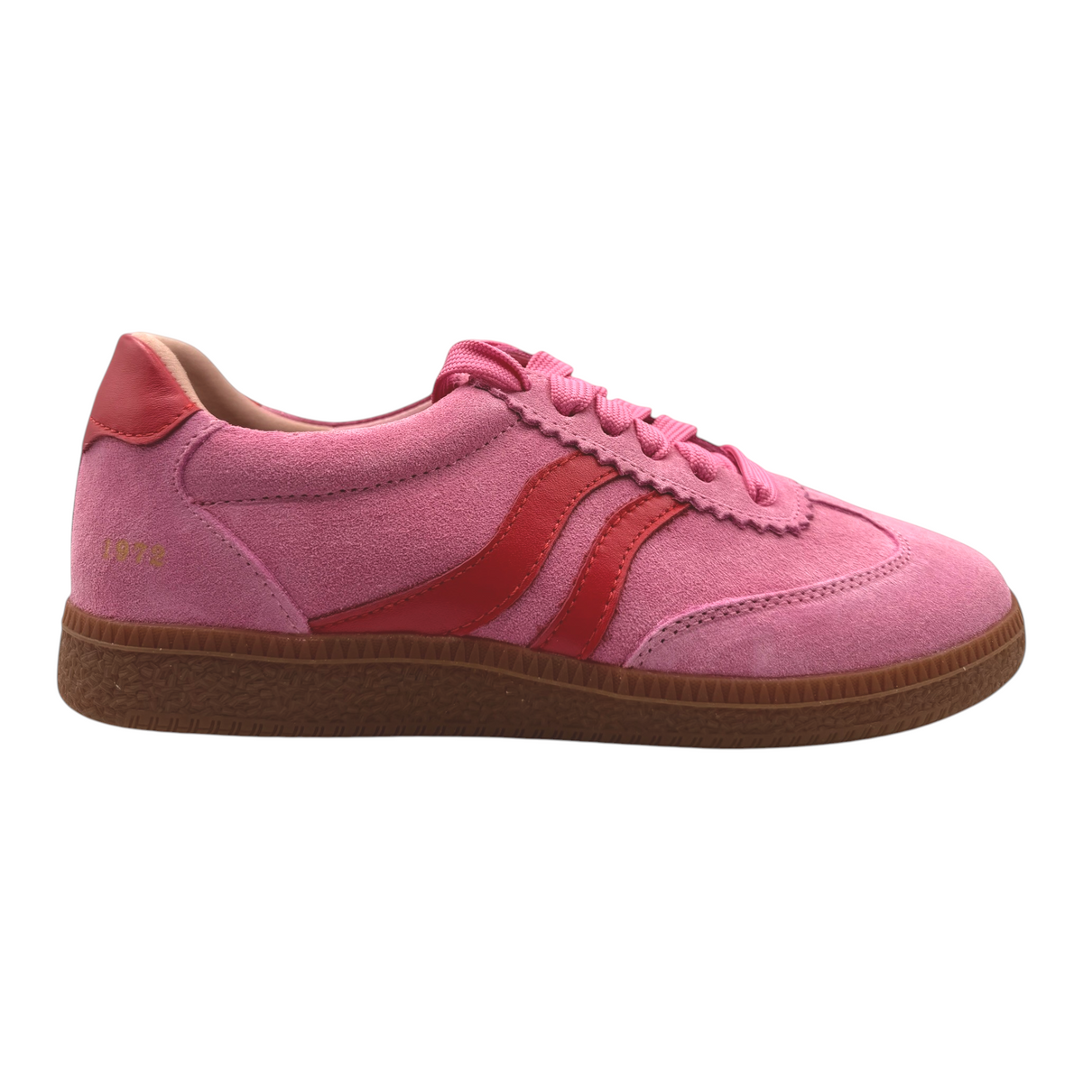 The Shoe Shop Hamptons pink suede sneaker with red side stripes and a gum rubber sole