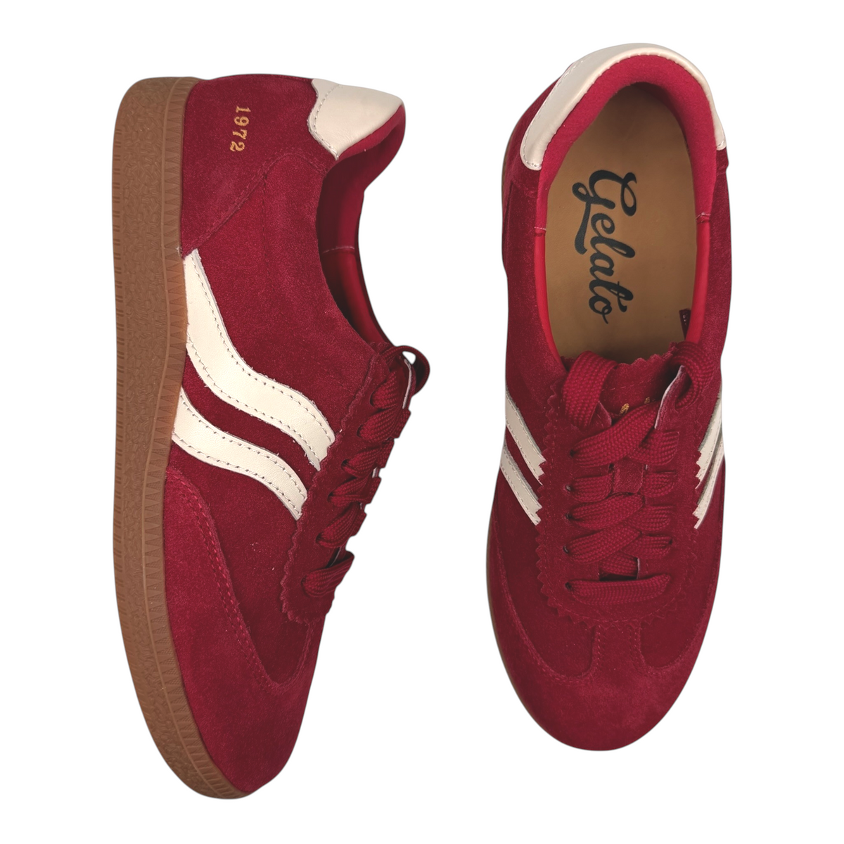 The Shoe Shop Hamptons sneakers in deep red suede with cream stripes and a classic gum rubber sole