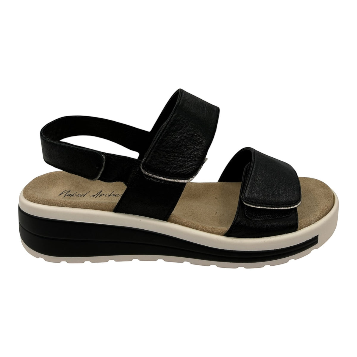 The Shoe Shop Hanza black leather slingback sandal with adjustable straps and a cushioned orthotic-friendly footbed.