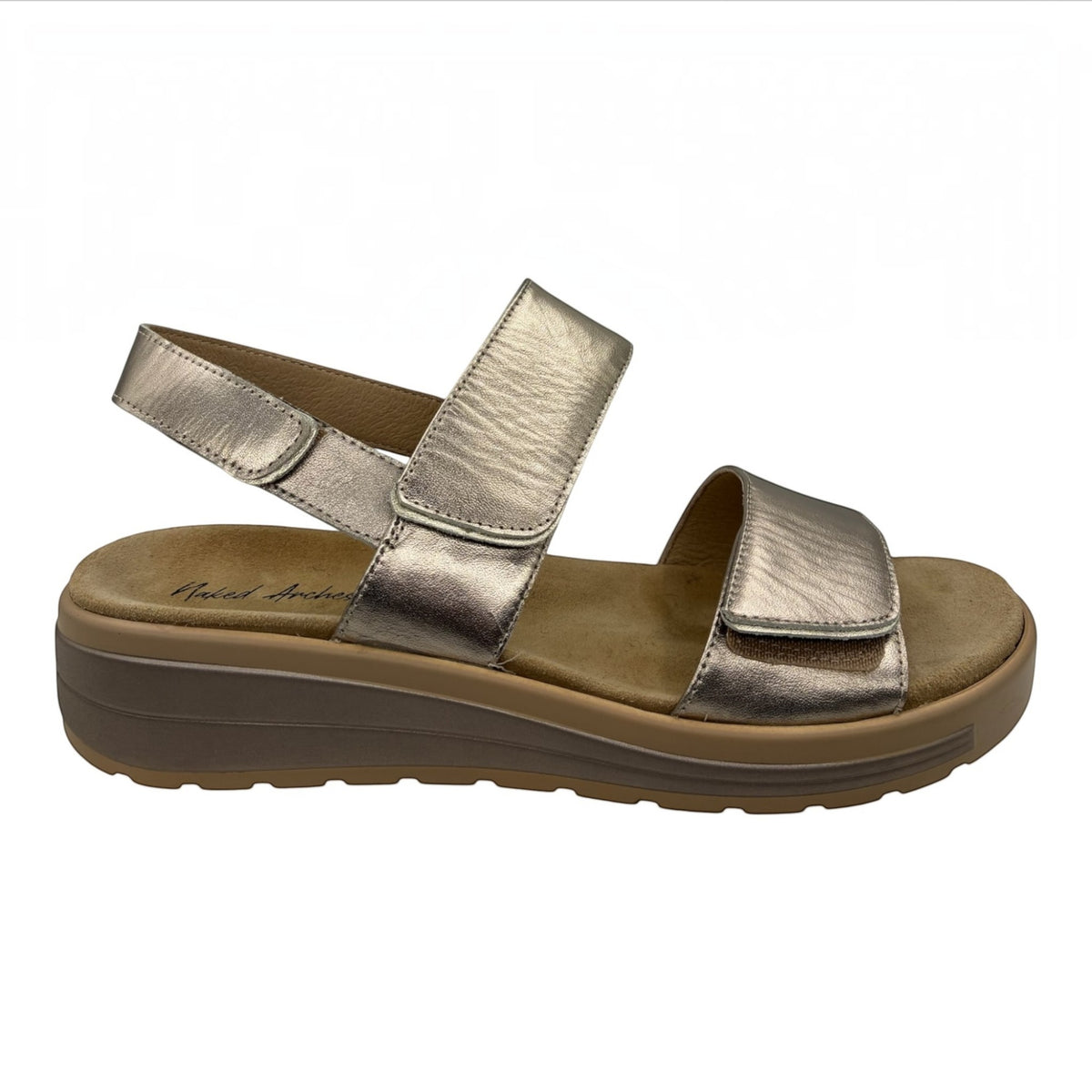The Shoe Shop Hanza metallic leather slingback sandal with adjustable straps and a cushioned orthotic footbed.