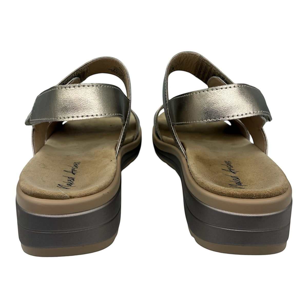 The Shoe Shop Hanza metallic silver leather slingback sandals with adjustable straps and cushioned orthotic footbeds.