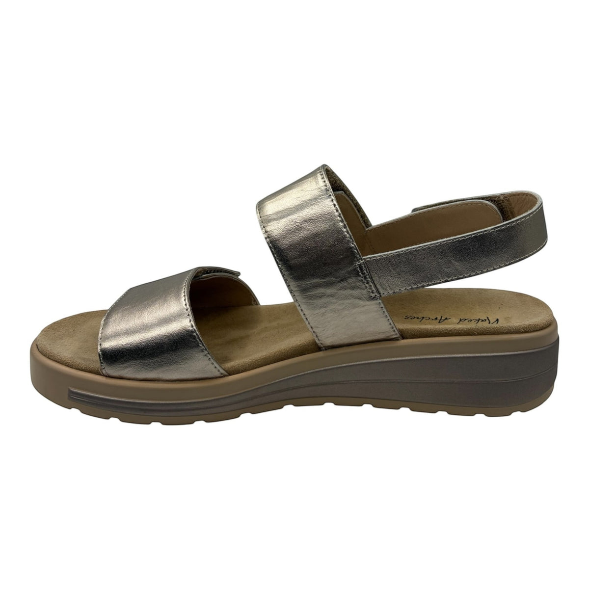 The Shoe Shop Hanza metallic silver leather slingback sandal with adjustable straps and cushioned arch support sole.
