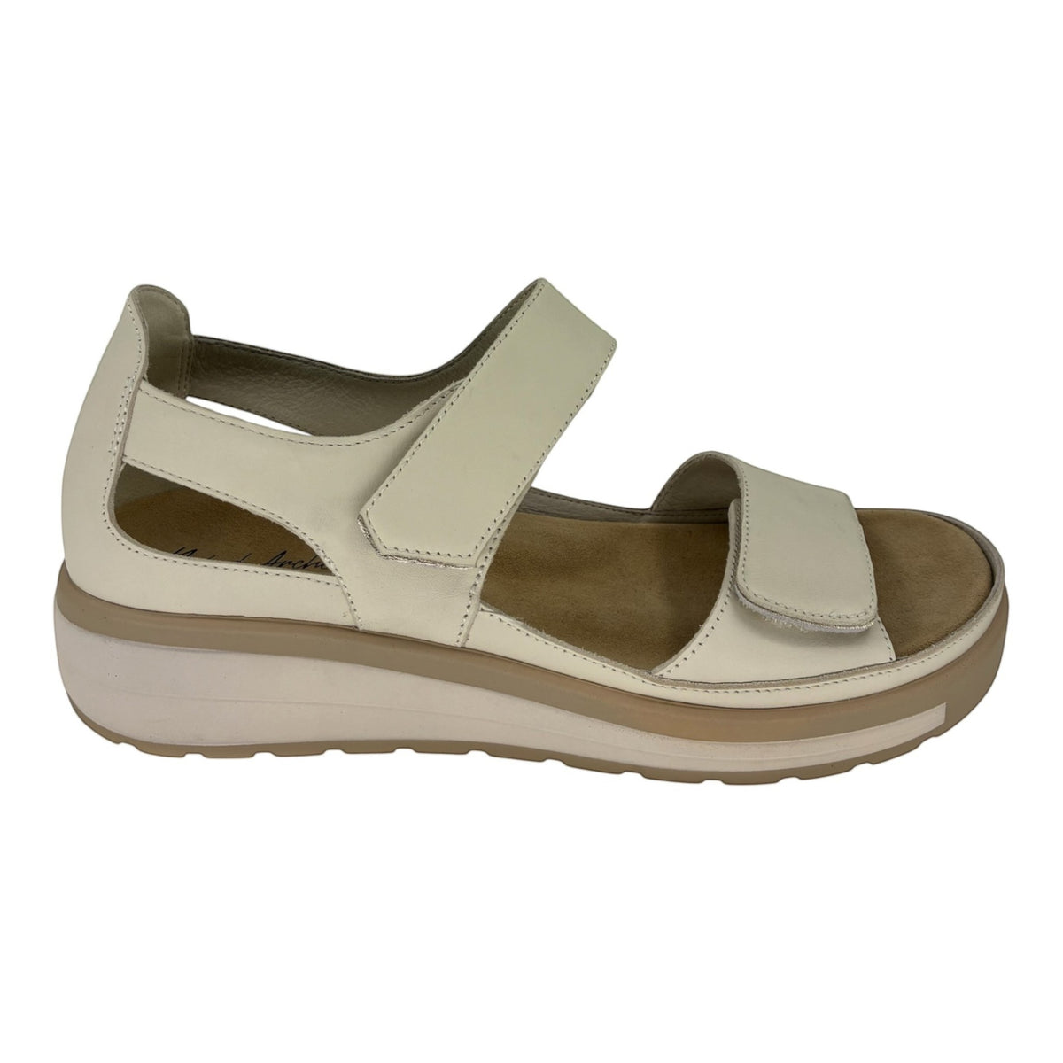 The Shoe Shop Happy sandal in bone leather with adjustable Velcro straps and a supportive Naked Arches footbed.