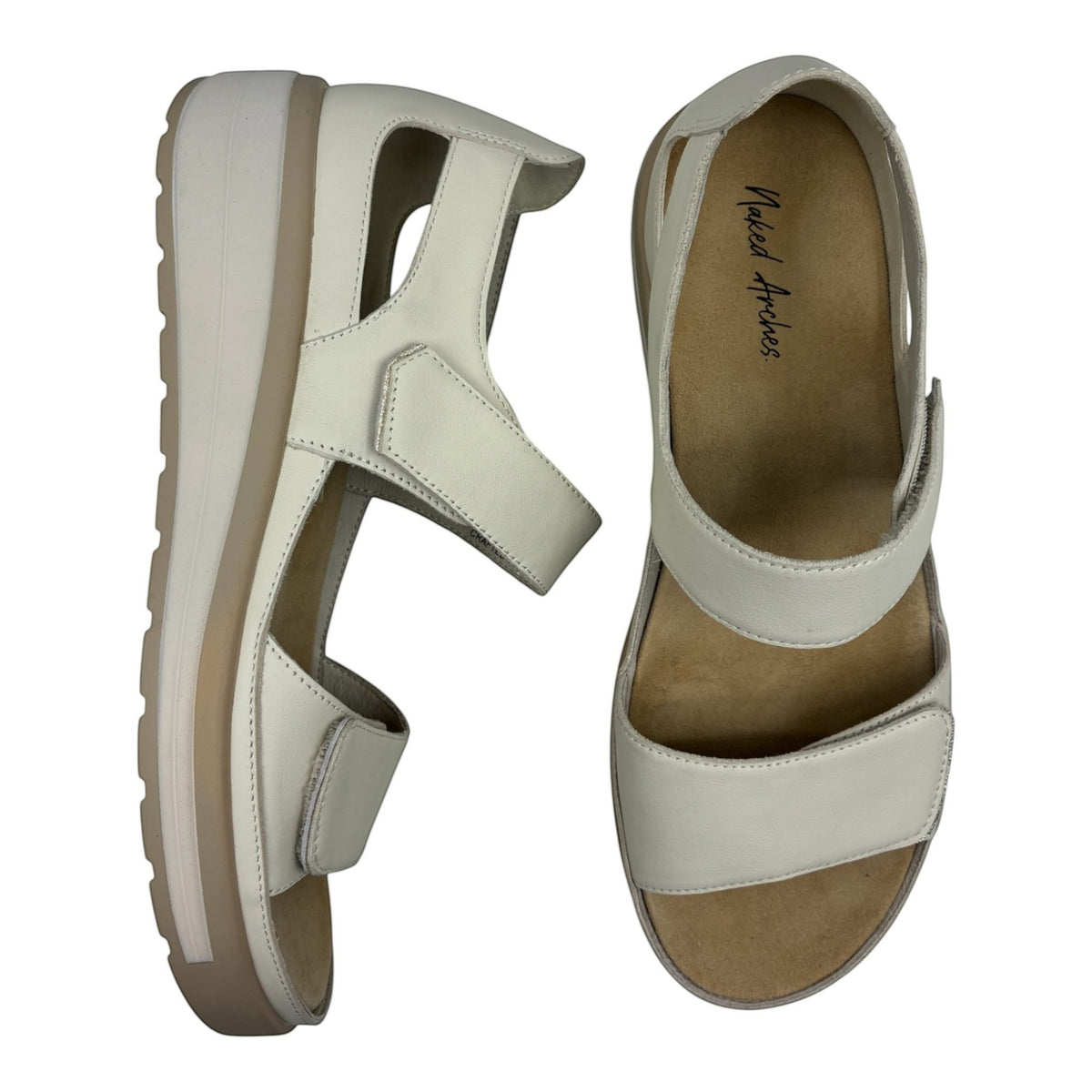 The Shoe Shop Happy bone leather sandals with adjustable Velcro straps and supportive Naked Arches footbed