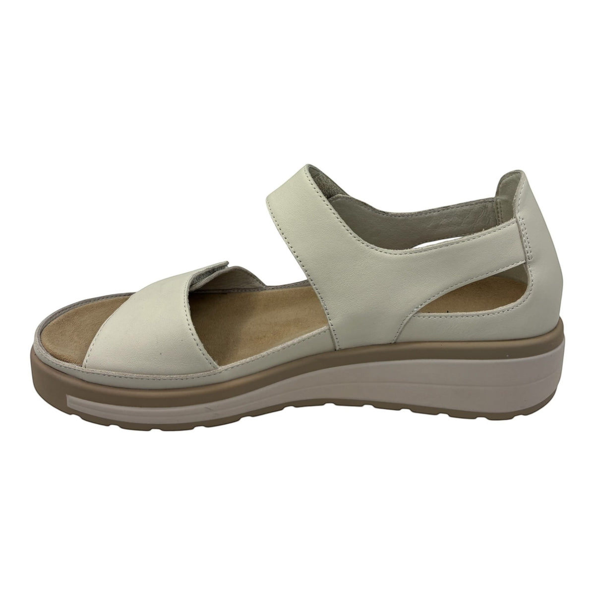 The Shoe Shop Happy bone leather sandal with adjustable Velcro straps and a supportive Naked Arches footbed.
