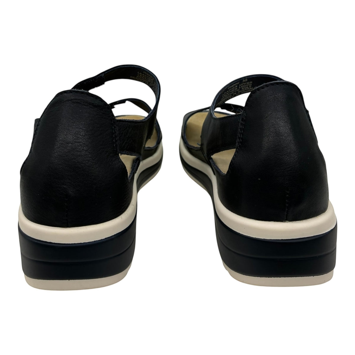 The Shoe Shop Happy navy leather sandals with a supportive white and navy platform sole and secure back strap