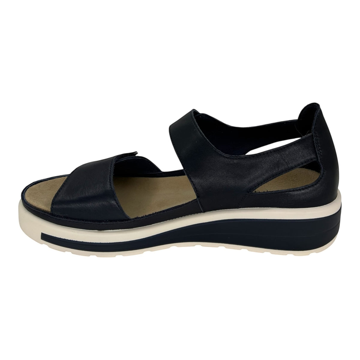 The Shoe Shop Happy navy leather sandals with a supportive white and navy platform sole and secure back strap