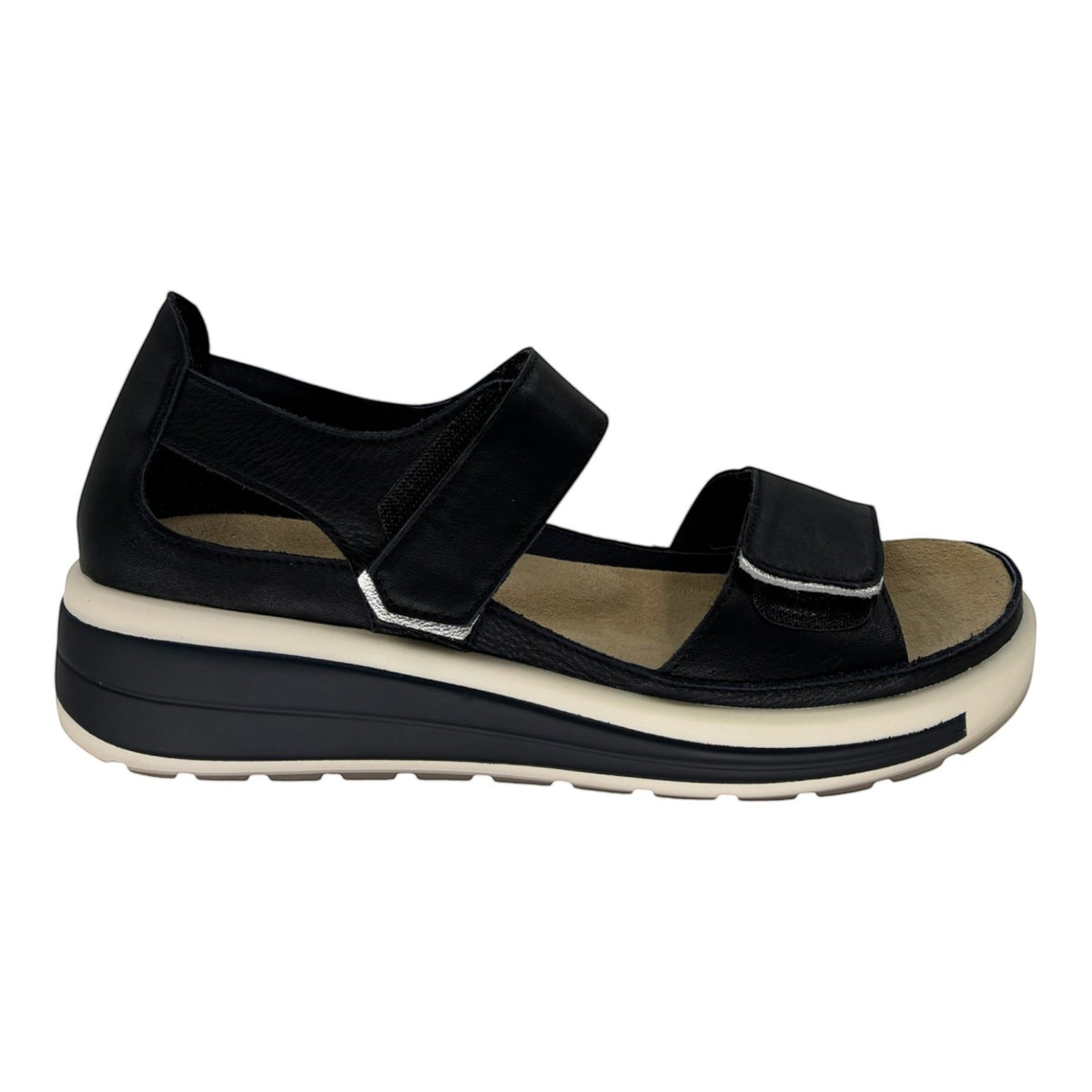 The Shoe Shop Happy navy leather sandals with a supportive white and navy platform sole and secure back strap