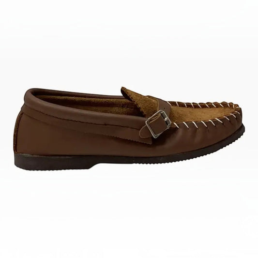 The Shoe Shop Harri brown leather moccasin with hand-stitched detail, suede toe plug, and durable rubber sole.