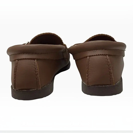 The Shoe Shop Harri brown leather moccasins with durable rubber soles, viewed from the back.