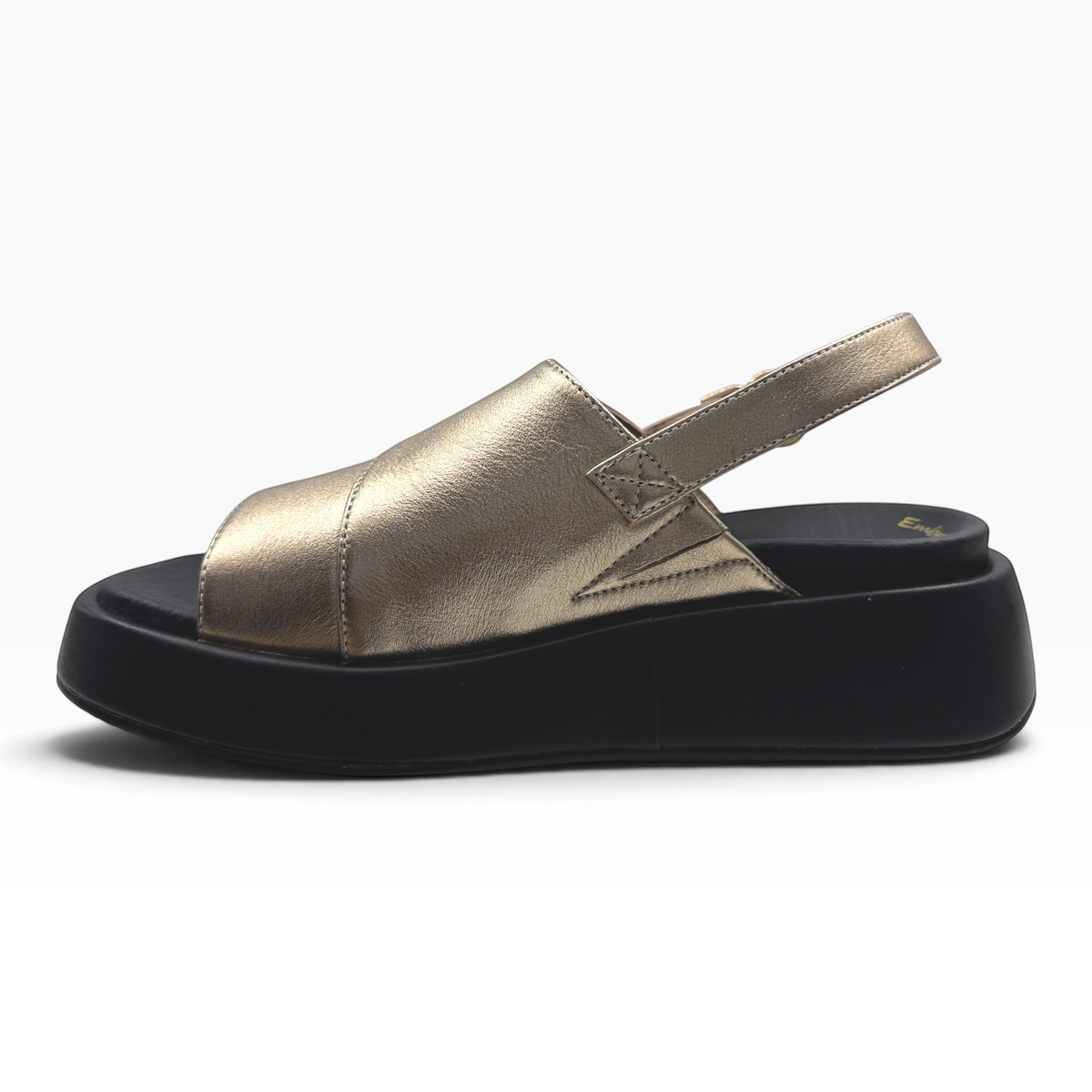 The Shoe Shop Hart metallic gold leather slingback sandal with a thick black platform sole, side view.