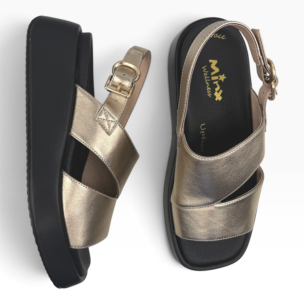 The Shoe Shop Hart metallic gold platform sandals with black soles and adjustable ankle straps