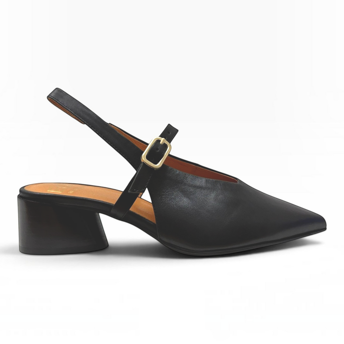 The Shoe Shop Hattis black leather slingback heel with a pointed toe, low block heel, and adjustable buckle strap.