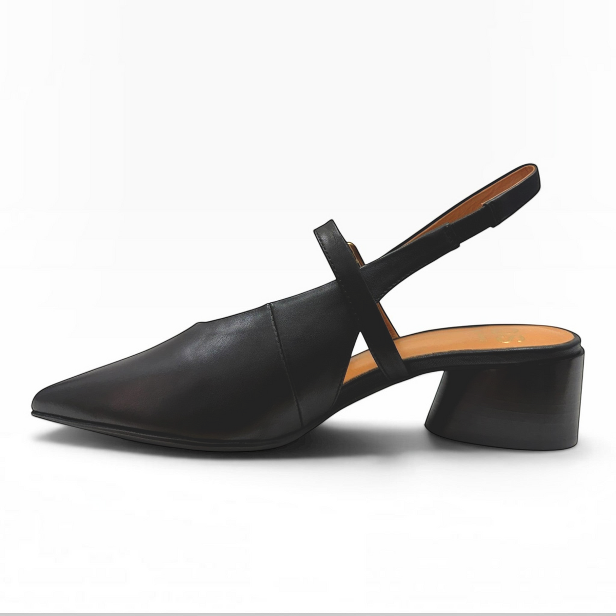 The Shoe Shop Hattis Heel in black leather featuring a pointed toe, adjustable slingback strap, and low block heel.