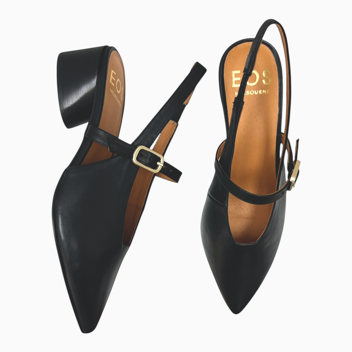 The Shoe Shop Hattis black leather slingback heels with a pointed toe, adjustable buckle strap, and low block heel.