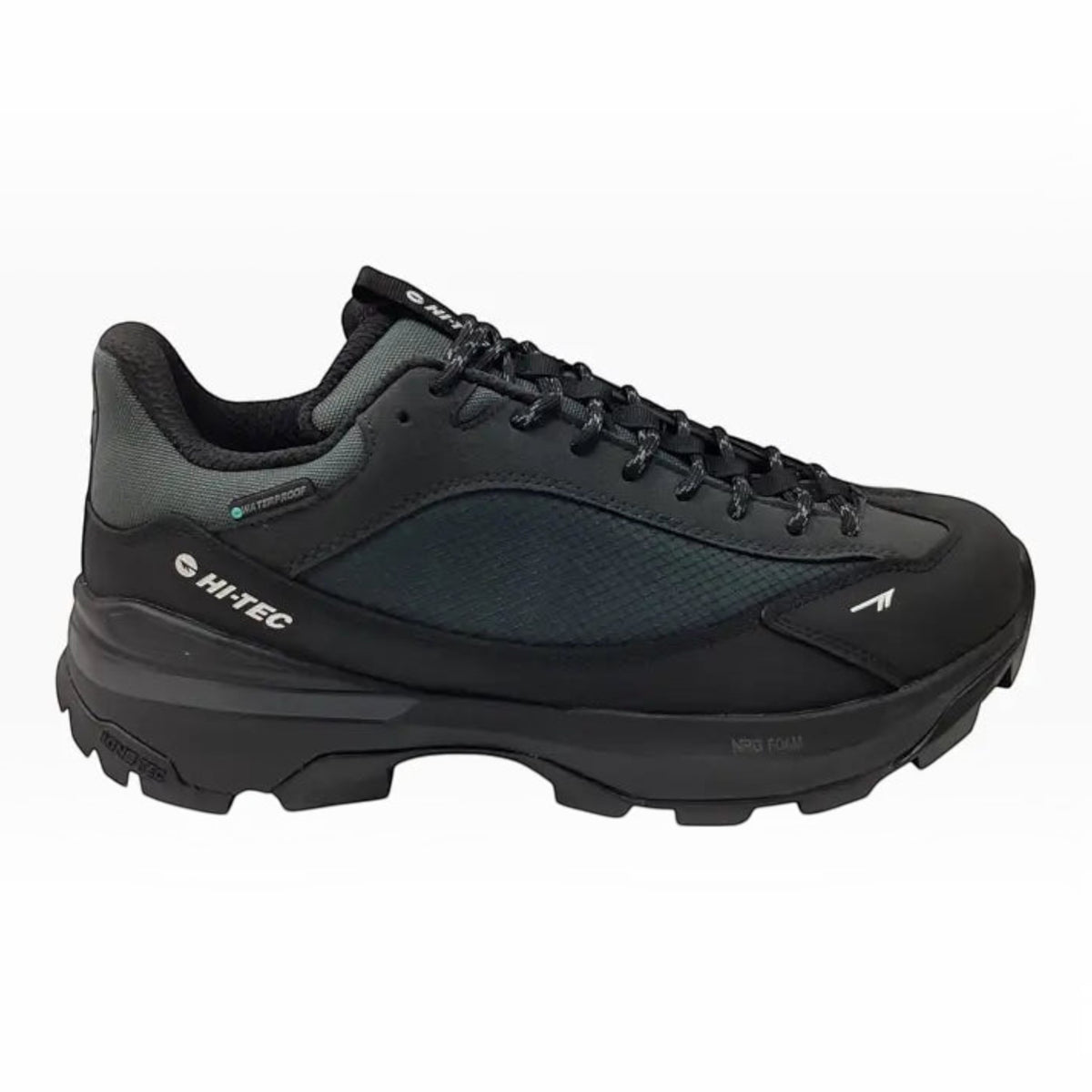 The Shoe Shop Hi-Tec Crest waterproof hiking shoe in black and charcoal with a rugged rubber outsole and padded collar.
